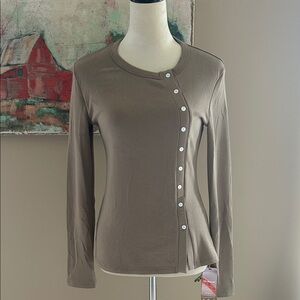 OGL Taupe Asymmetrical Button Long Sleeve Top